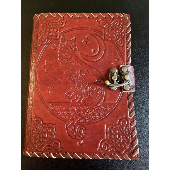 Grimoire journal Book Leather Print Celtic Cat Blank Spell Book Journal Notebook - Picture 1 of 6